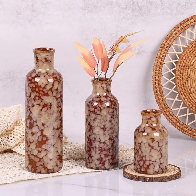 Ceramic Vase Set - 3 Crack Brown Small Vases, Farmhouse Country Flower Vase Home Decor, Living Room Decoration, Table Decoration, Fireplace Decor, and Entrance Decorations Centerpieces