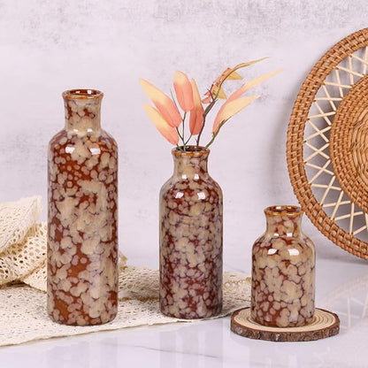 Ceramic Vase Set - 3 Crack Brown Small Vases, Farmhouse Country Flower Vase Home Decor, Living Room Decoration, Table Decoration, Fireplace Decor, and Entrance Decorations Centerpieces