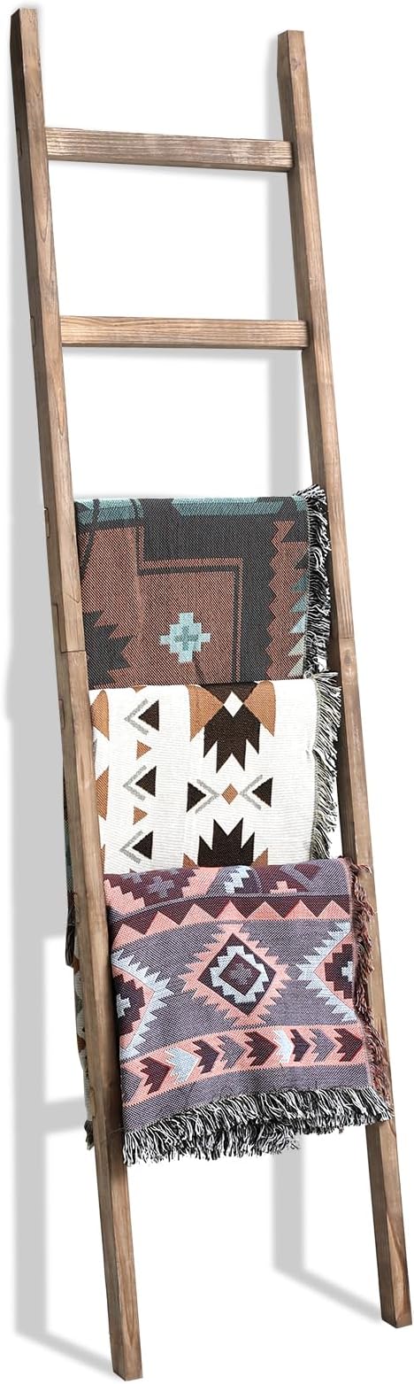 FUIN 6.4ft Extra Wide Wooden Blanket Ladder Living Room Decorative Wal Leaning Farmhouse Quilt Display Holder Rustic Wood Towel Rack for Bathroom, Burnt Brown, 18.5 inch Wide
