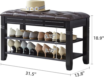 LEILISI Shoe Bench, Storage Rack Organizer with Cushion 2 Tier Lift Top Shoe Rack for Entryway Living Room Bedroom Hallway Wooden Furniture (Black, 31.5'')