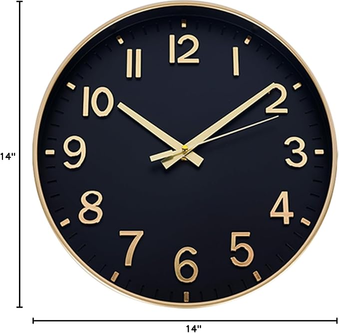 HZDHCLH Wall Clocks Battery Operated,Wall Clock Black Gold,14 inch Wall Clock Silent Non Ticking Modern 3D Numbers for Kitchen Bedroom Living Room Office Classroom Decor