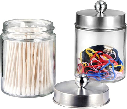 Amolliar 4 Pc Glass Apothecary Jars - Countertop Qtip Dispenser Holder with Stainless Steel Lids&Cute Stickers -Bathroom Vanity Storage Organizer Set for Qtips,Cotton Swabs/Rounds (Brushed Nickel)