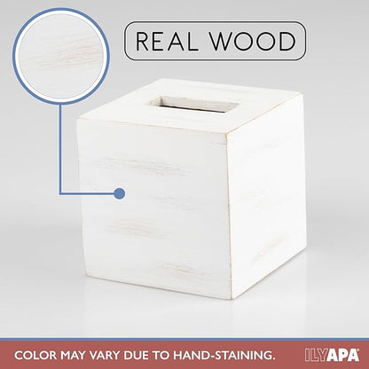 Ilyapa Wood Tissue Box Cover Square - Rustic Farmhouse White Wooden Tissue Holder
