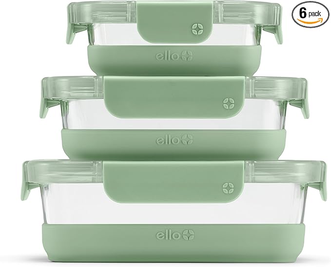 Ello Duraglass Refresh Mixed Meal Prep Set 6Pc, 3 Pack - Glass Food Storage Container with Silicone Boot and Airtight BPA-Free Plastic Lids, Dishwasher, Microwave and Freezer Safe, Cactus