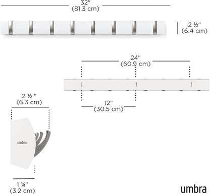 Umbra Flip Wall-Mounted Coat Rack with 8 Hooks – Modern, Space-Saving Storage for Hats, Jackets, Bags, Entryway, Mudroom, Closet, Bathroom, Bedroom – White/Nickel