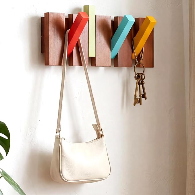 Youyole 4 Hook Mid Century Modern Wood Coat Rack Wall Mount Wooden Coat Hooks Colorful Heavy Duty Flip Down Piano Hat Rack for Hanging Coats Keys Hats Robe Towels Home