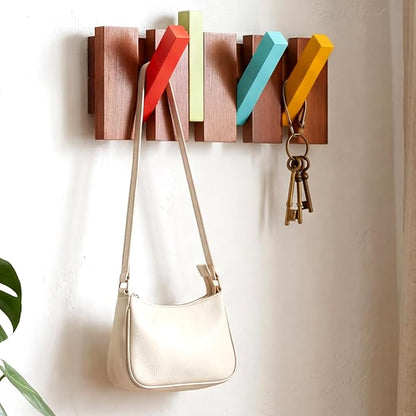 Youyole 4 Hook Mid Century Modern Wood Coat Rack Wall Mount Wooden Coat Hooks Colorful Heavy Duty Flip Down Piano Hat Rack for Hanging Coats Keys Hats Robe Towels Home