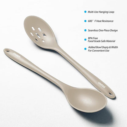 Silicone Slotted Spoons for Cooking - Extra Large Kitchen Spoons for Mixing, Serving, & Stirring - 600°F Heat-Resistant Non Stick Utensils Skimmer- Dishwasher Safe, Khaki