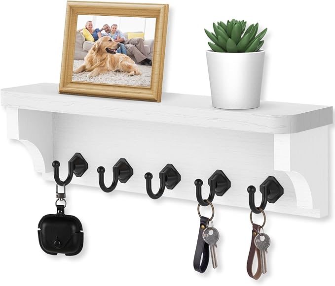 Nekon Key Holder for Wall, 11.8" W x 3.5" H x 2.8" D Decorative Key Organizer with Floating Shelf, Wall Mount Key Rack with 5 Hooks (Rustic White)