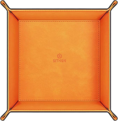 SITHON Valet Tray Desktop Storage Organizer – Premium PU Leather Catchall Bedside Vanity Tray Nightstand Caddy Holder for Remote Controller, Keys, Phone, Wallet, Coin, Jewelry (Orange)