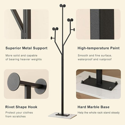 JIAYUEJU Heavy Duty Coat Rack Tree-shaped Metal Freestanding Coat Tree with Sturdy Marble Base Corner Coat Rack for Bedroom Entryway Hallway 14.96 x 10.24 x 68.9 Inches (Black)