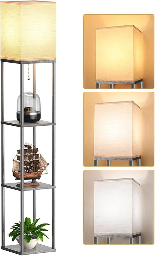 Floor Lamp with Shelves for Living Room, Shelf Floor Lamp with 3 CCT LED Bulb, Corner Display Standing Column Lamp Etagere Organizer Tower Nightstand with White Linen Shade for Bedroom, Dark Gray