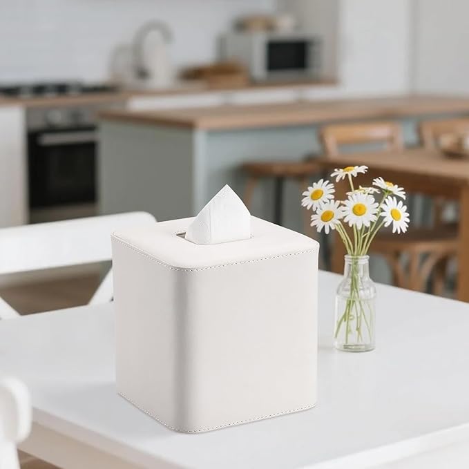 GORESE Square Tissue Box Cover Leather Kleenexs Box Cover, Cute Tissue Cover for for Cube Box Tissues, Tissue Box Holder for Bedroom, Living Room, Bathroom, Cream White