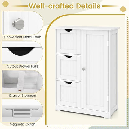 Tangkula Bathroom Floor Cabinet, Freestanding Storage Cabinet with 3 Drawers & Single Door, Adjustable Shelf, Multipurpose Bathroom Storage for Home Office, 23.5 x 12 x 32 Inches (3 Drawers, White)