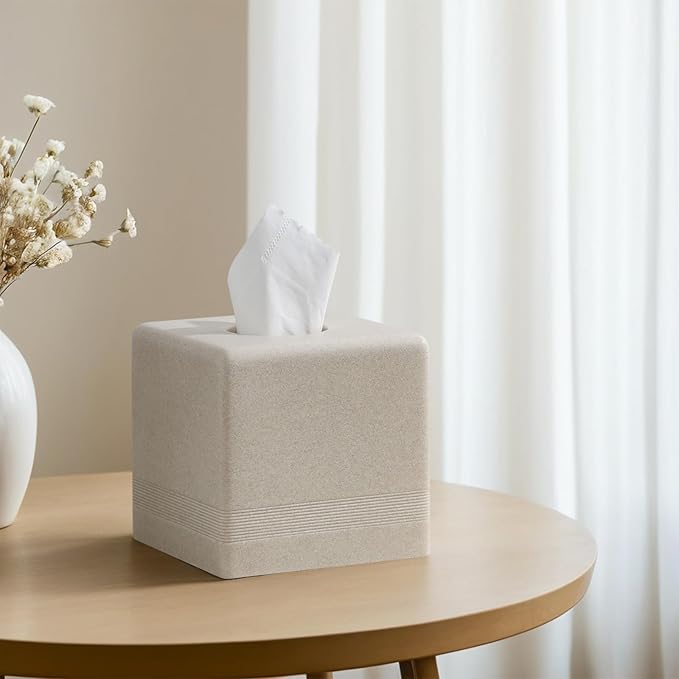 Haocoott Tissue Box Cover Square, Resin Facial Tissue Holder Covers Cube Toilet Paper Holder Case Dispenser Home Decorative for Bathroom Kitchen Bedroom Living Room Office (Beige)