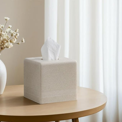 Haocoott Tissue Box Cover Square, Resin Facial Tissue Holder Covers Cube Toilet Paper Holder Case Dispenser Home Decorative for Bathroom Kitchen Bedroom Living Room Office (Beige)