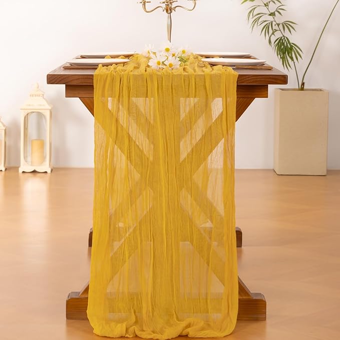Socomi Gold Yellow Cheesecloth Table Runner Valentine's Day Boho Rustic Gauze 120 inch 10FT Cheese Cloth Runner for Wedding Party Baby Shower Birthday Home Decor Holiday Decorations