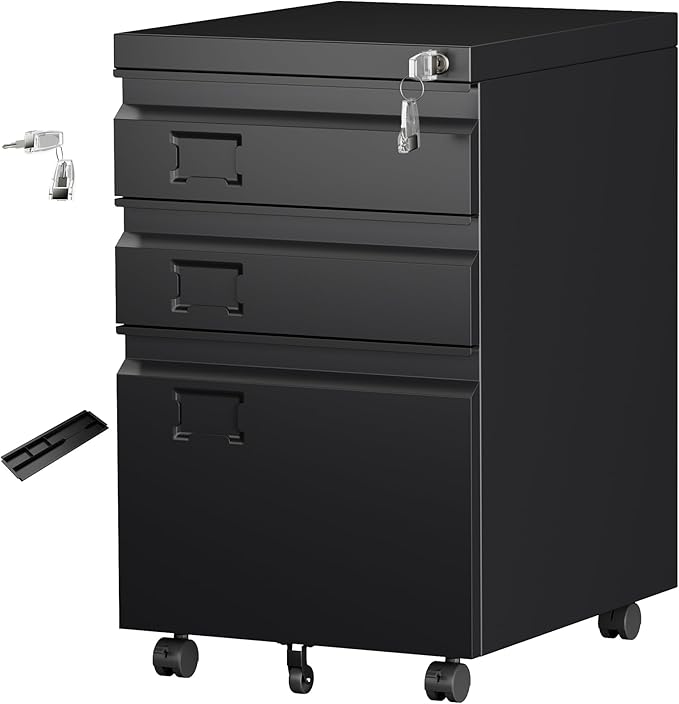 Aobabo 3 Drawer File Cabinet with Lock,Small Filing Cabinet Under Desk for Home Office Organizer Letters/Legal/A4,Required Assembly,Black