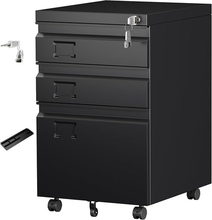 Aobabo 3 Drawer File Cabinet with Lock,Small Filing Cabinet Under Desk for Home Office Organizer Letters/Legal/A4,Required Assembly,Black