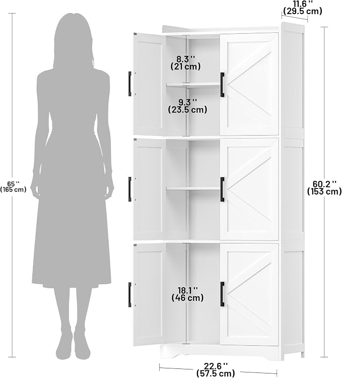 Akxomel Tall Bathroom Storage Cabinet, Bathroom Floor Cabinet with 6 Barn Doors, 11.6''D x 22.6''W x 60.2''H, Adjustable Shelves, Linen Pantry Cabinet, for Kitchen Living Room, Entryway, White