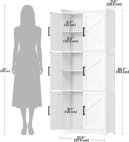 Akxomel Tall Bathroom Storage Cabinet, Bathroom Floor Cabinet with 6 Barn Doors, 11.6''D x 22.6''W x 60.2''H, Adjustable Shelves, Linen Pantry Cabinet, for Kitchen Living Room, Entryway, White