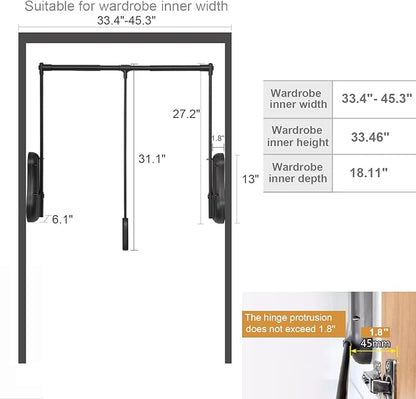 Pull Down Closet Rod for Hanging Clothes, Wardrobe Lift Rail Aluminum Alloy Organizer, Side Mounted Closet Rod for Kitchen Bedroom High Cabinets, 66 lbs Load Capacity (Black, 33.4"-45.3")