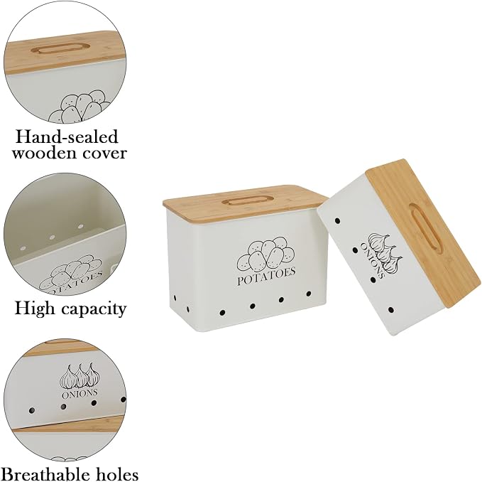 Potato and Onion Storage Bin Set of 2, Vented Metal Vegetable Storage with Wooden Lids, Farmhouse Kitchen Canisters for Countertop Pantry Organizer, Potato Bin Onion Holder for Produce Storage, White