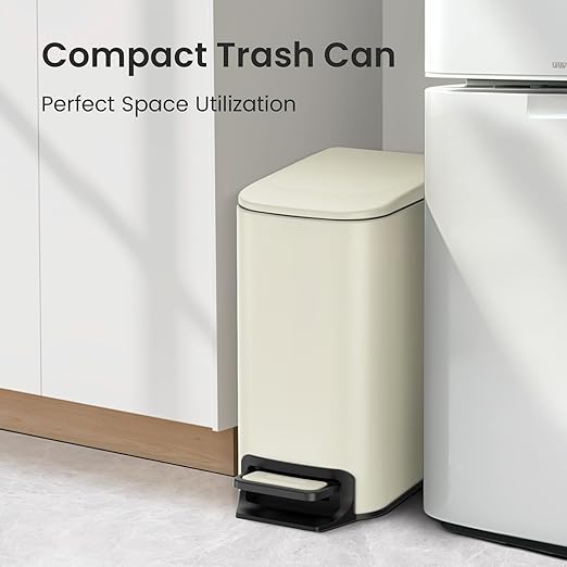 Cesun Small Bathroom Trash Can with Lid Soft Close, Step Pedal, 6 Liter / 1.6 Gallon Stainless Steel Garbage Can with Removable Inner Bucket, Anti-Fingerprint Finish (Creamy White)
