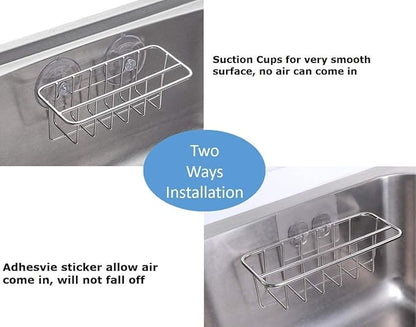 TESOT Sink Caddy Sponge Holder for Kitchen Sink Dish Cloth Hanger 2 Suspension Options(Suction Cups and Adhesive Hook), SUS304 Stainless Steel, Silver