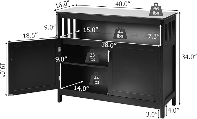 Giantex Kitchen Buffet Sideboard, Wooden Storage Server Cupboard Cabinet, Dining Room Living Room Bar Furniture 2-Door Console Table w/ 5-Position Adjustable Shelf & Open Shelf Drawer Cabinets (Black)