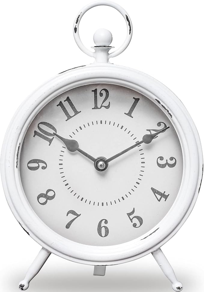 MACVAD Vintage Rustic White Table Clock on Stand, Decorative Desk and Shelf Clock Farmhouse Mantel Clock Rustic Non-Ticking Clock