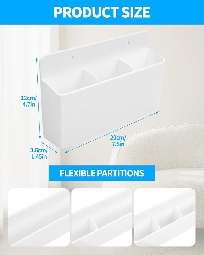 1 PCS Adhesive Remote Control Holder Wall Mount, 3 Slot Adjustable Remote Holder for TV Controller with Hollow Bottom for Charging, Wall Pen Holder for Home Office School (White, 1)