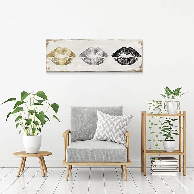 7CANVAS Gold and Silver Lip Canvas Art Retro Poster Sexy Pictures for Bedroom Makeup Room Bathroom Home Decoration 36x12Inch