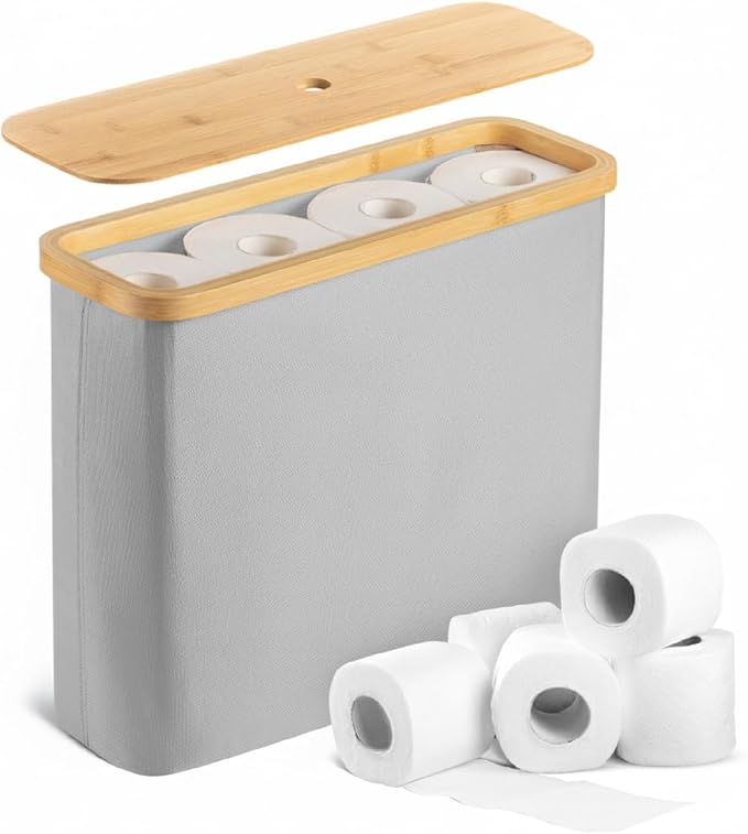 BAMBOO LAND- Toilet Paper Storage with Bamboo Lid for 12 Rolls, Light Gray, Waterproof Bamboo Toilet Paper Holder Basket