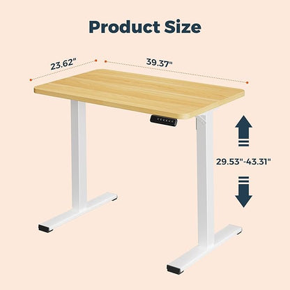 One-Piece Standing Desk 40 x 24 Inches, Small Adjustable Height Desk for Small Space Electric Sit Stand Desks Home Office Computer Workstation, Maple