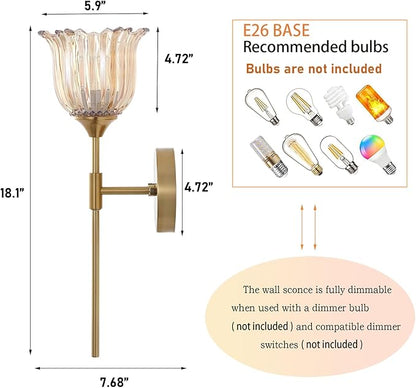 Gold Wall Sconce Set of 2 with Amber Glass Shades Modern Mid Century Bathroom Vanity Wall Light Fixtures Industrial Brushed Brass Wall Lamp for Bedroom Mirror Living Room Restaurant