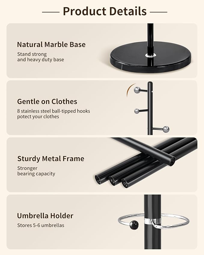 ZOZOE Metal Coat Rack Stand, Modern Coat Rack Freestanding with Natural Marble Base, Sturdy Industrial Coat Racks with 8 Hooks & Umbrella Holder,Black Coat Tree Hanger Stand for Entryway,Office