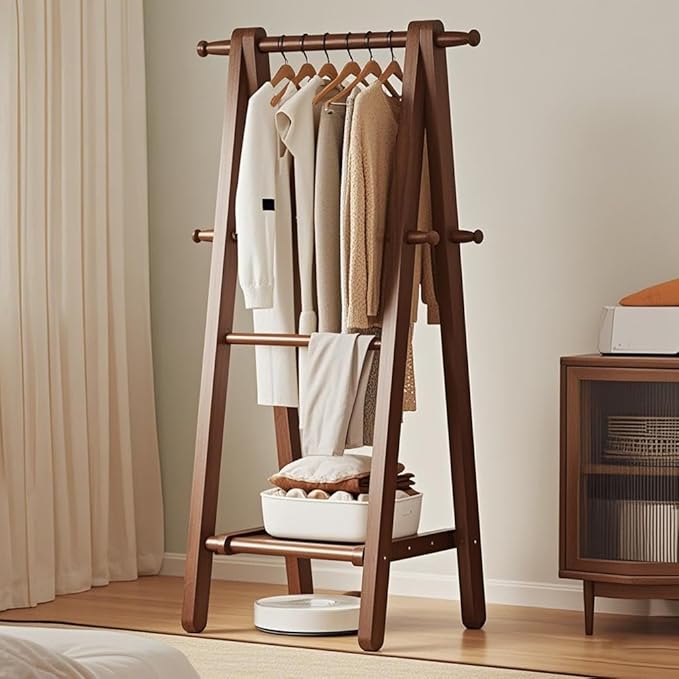 AETVRNI Wood Clothing Rack Coat Rack,Large Foldable Hanging Clothes,Stand Garment Rack with Storage Shelf,Clothing Storage,Home Organization,Natural Beech,for Bedroom Small Apartment Guest Room Laundr