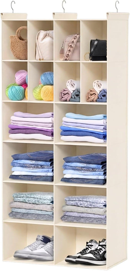 Ofiray-home 6 Tier Hanging Closet Organizer, 16 Compartments Sweater Organizer for Closet with 3 Sturdy Hooks, Closet Organizers and Storage, Wardrobe, Rv, Garment Rack, Beige