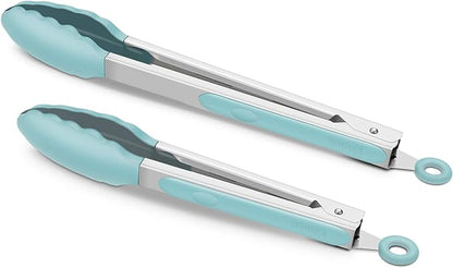 2 Pack Silicone Kitchen Tongs – 9" & 12" Set, Heat Resistant up to 500°F, Non‑Stick Cookware Safe, Wavy Silicone Tips, BPA Free, Locking Clip & Hanging Loop, Aqua Sky