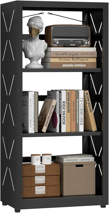 METALOONG Steel Book Shelf, 3-Tier Adjustable Bookcase with Anti-Tip Kit & Leveling Feet, Heavy-Duty Metal Storage Organizer, Modern Corner Shelves for Bedroom, Garage, Home Office