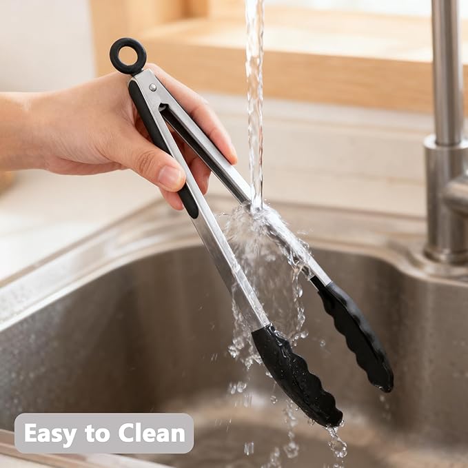 IOCBYHZ Kitchen Silicone Tongs for Cooking with Nonslip Silicone Tips, 600°F Heat Resistant Cooking Food Tong Set Heavy Duty Stainless Steel Handle for Baking Grilling Serving, 3 Pack (7" & 9" & 12")