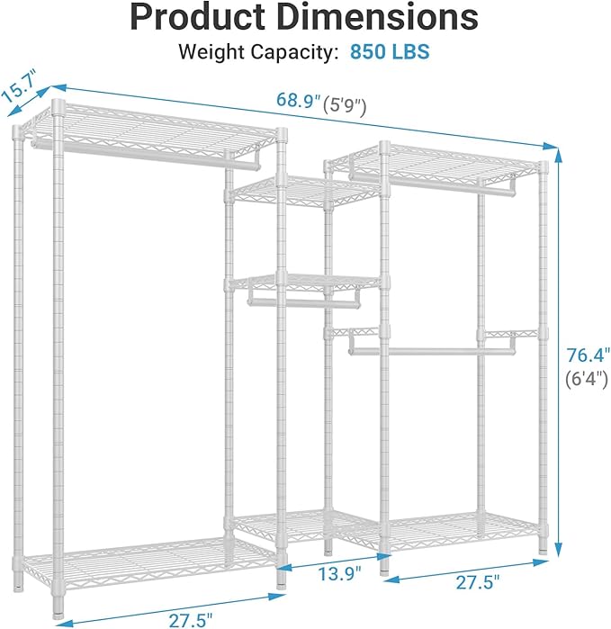 VIPEK Classic V6 Wire Garment Rack 5 Tiers Heavy Duty Clothes Rack for Hanging Clothes, Wardrobe Racks Compact Large Metal Clothing Racks Freestanding Closet Storage Racks, Max Load 850LBS, White