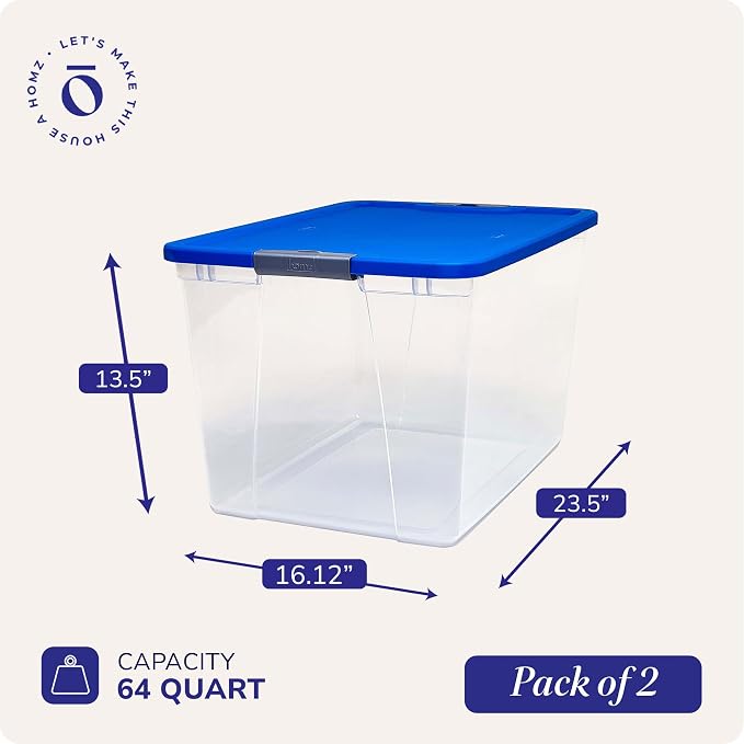 HOMZ Clear Plastic Storage Bins with Snaplock Secure Latching Lids | Easy Grip Handles | Stackable & Nestable Organizing Totes | Blue Lid | 64 Quart, Pack of 2