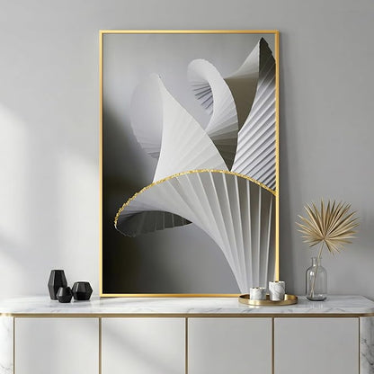Framed Black and White Abstract Wall Art, Modern Canvas Prints Paintings for Walls, Contemporary Minimalist Gray Gold Fold Geometric Pictures for Living Room Dining Bedroom Hallway Wall Decor 24x36 In
