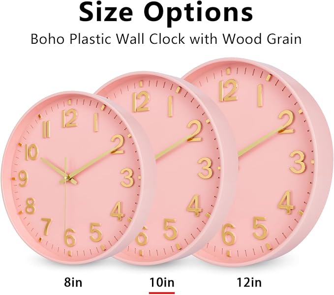 HZDHCLH Wall Clocks Battery Operated,Wall Clock Pink Gold 10 inch Wall Clock Silent Non Ticking Modern 3D Numbers for Office Kitchen Classroom Bedroom Living Room Decor