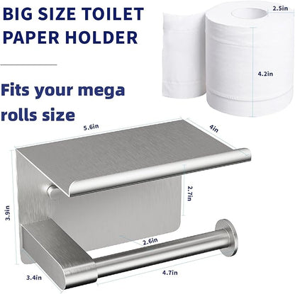 GLNLQ Brushed Nickel Toilet Paper Holder Wall Mount, Fits Mega Rolls Size Sliver Toilet Paper Holder with Shelf, Rustproof Stainless Steel Toilet Paper Roll Holder, Toilet Tissue Holder for Bathroom
