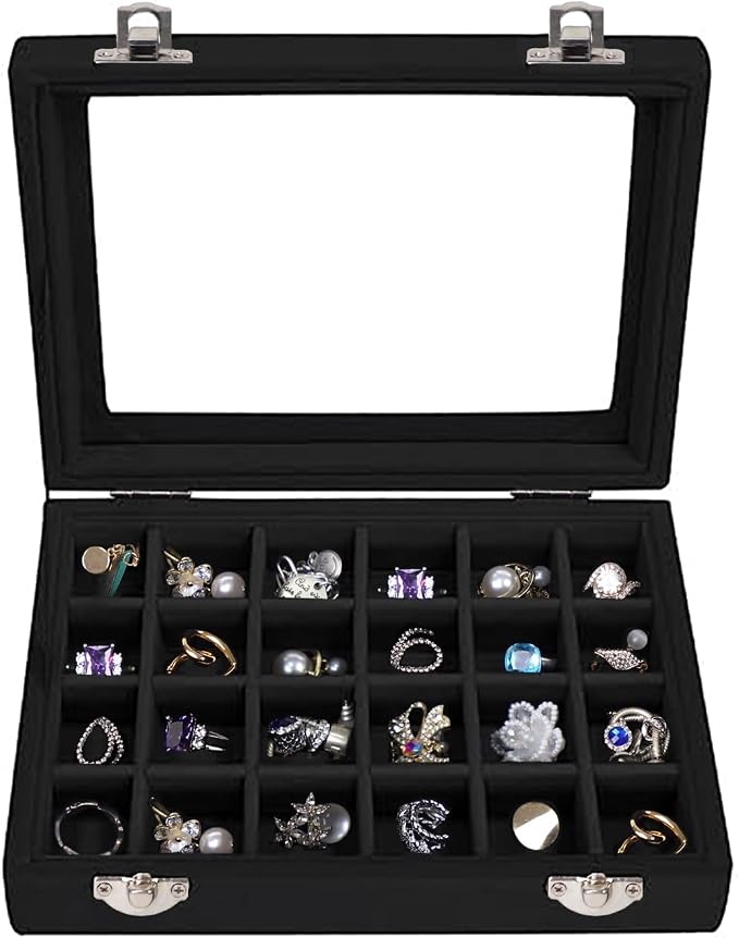 Velvet Jewelry Box 24 Grid Jewelry Earrings Display Organiser Box Ring Tray Holder Earrings Storage Case for Girls Women Wife Mom (Black)