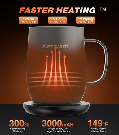 Kepwam Self Heating Coffee Mug T2, 16oz Smart Heated Coffee Mug, 150 Min Battery Life - Hot up to 149℉ Temperature Control Coffee Mug Warmer, Gifts for Dad Mom (No APP)