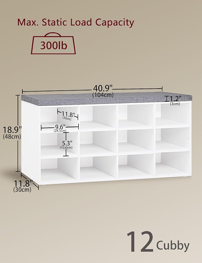 DINZI LVJ Shoe Storage Bench with Cushion, Cubby Shoe Rack with 12 Cubbies, Adjustable Shelves, Multifunctional Shoe Organizer Bench for Entryway, Mudroom, Hallway, Closet and Garage, White